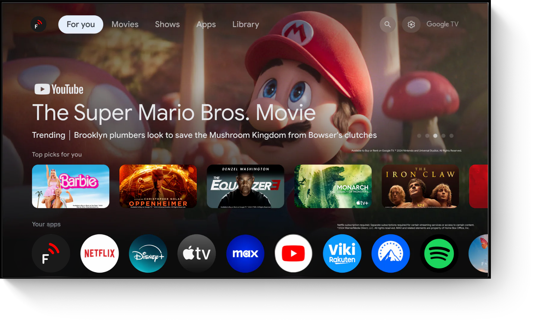 FLIXUS Android TV stick interface with 4K apps and live channels on smart TV